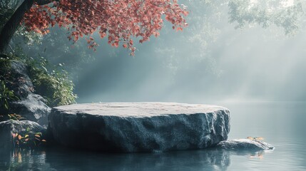 Poster - A large rock sits in front of a tree with red leaves