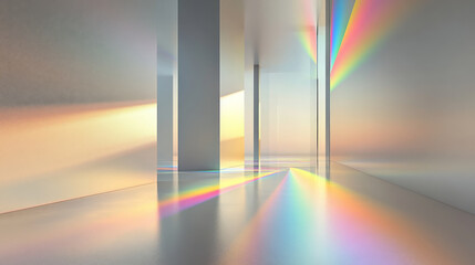 Poster - A minimalist design with sharp, angular prisms refracting light into soft rainbow hues, casting colorful gradients on a smooth, silver background.