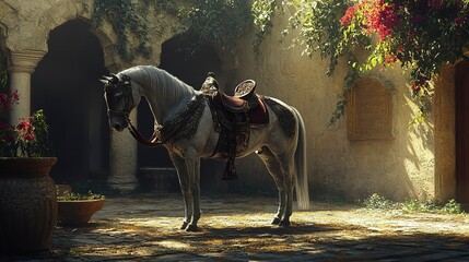 Canvas Print - A grey horse stands, wearing a knights armor and saddle, in a sun-drenched courtyard