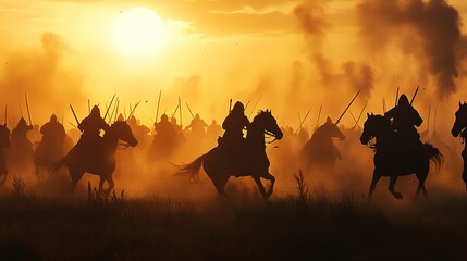 Poster - Medieval battle scene with cavalry and infantry. Silhouettes of figures as separate objects, fight between warriors on sunset foggy background.