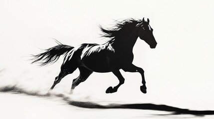 Sticker - Fast galloping black and white horse casting shadow while art minimalist, silhouette concept 