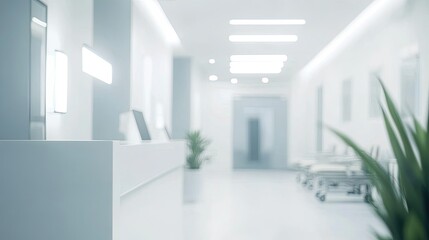 Abstract blur of a medical clinic interior with white walls and bright lighting, creating a clean and defocused background for hospital or health-related content.
