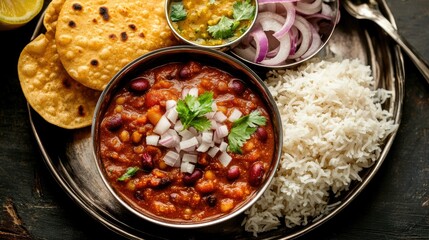 Wall Mural - Close-up of a North Indian thali featuring Rajma Chawal, kidney bean curry, boiled rice, and papad, with a side of lemon and onions.