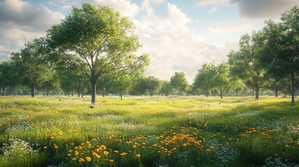 Poster - A field of grass with a few trees in the background