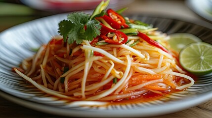 Wall Mural - Close-up of a plate of papaya salad, garnished with fresh lime and chili peppers, highlighting the freshness and spiciness of this Thai classic.