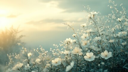 Poster - A field of white flowers with a blue sky in the background