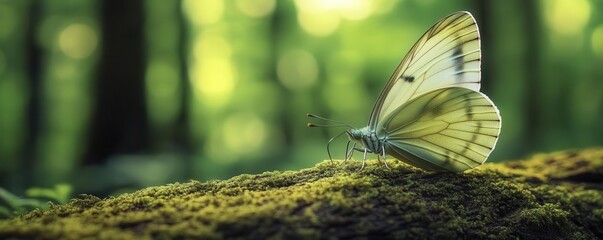 Butterfly resting on a mossy log deep in a serene forest, surrounded by the peaceful sounds of nature