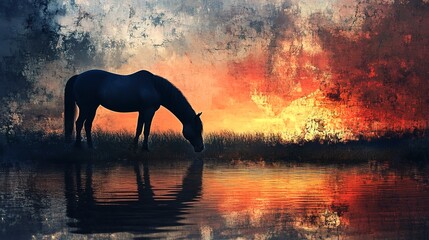 Wall Mural - Black Horse Drinking from a Lake at Dusk with Abstract Art Background 