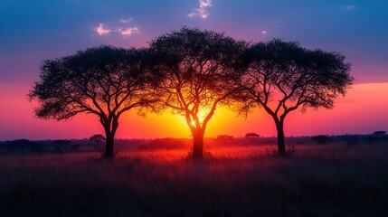Wall Mural - three trees are silhouetted against a beautiful sunset