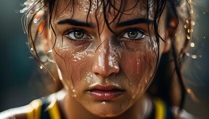 Wall Mural - Intense Focus of a Female Athlete Captured in Extreme Close-Up with Sweat and Determination