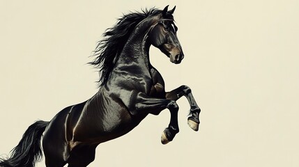 Wall Mural - Isolated black horse rearing up on its hind legs against a clear backdrop