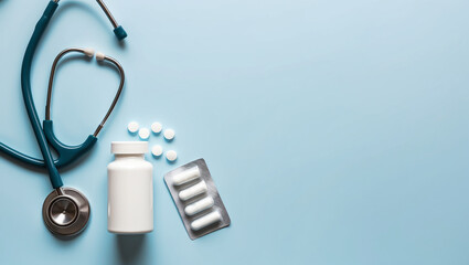 Wall Mural - A medical flat lay with a stethoscope, pill bottle, tablets, and blister pack on a light blue background, representing healthcare, medicine, and treatment essentials.