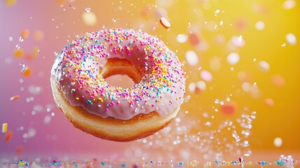 Canvas Print - A glazed donut floating in midair with colorful sprinkles and syrup splashing around, set against a vibrant background.