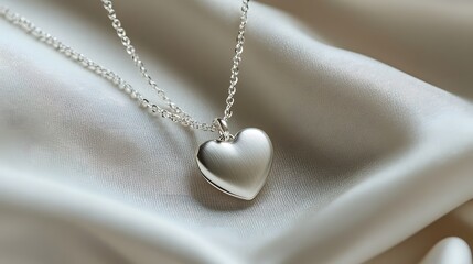 A delicate silver heart necklace on a white fabric background, captured in a soft focus close-up shot, showcasing its minimalist style and dainty chain with macro details.