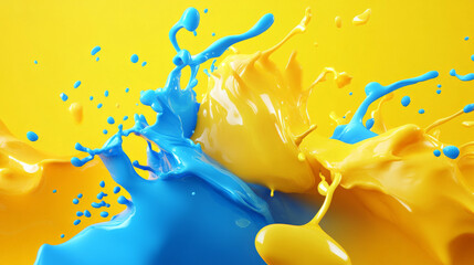 A vibrant 3D splash of neon yellow and bright blue, with energetic, fluid shapes bursting outward, creating a high-impact and dynamic abstract background with vivid colors.