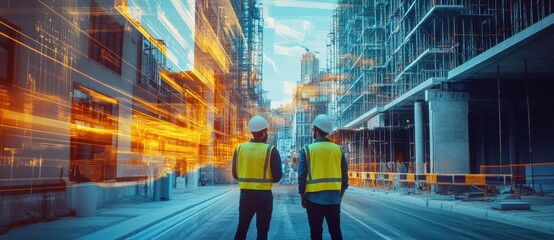 Wall Mural - Two construction workers wearing yellow safety vests and white hard hats, standing back-to-camera with their backs turned on the left side of an industrial cityscape background.