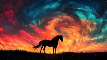 Sticker - Silhouette of Horse against Swirling Colorful Sky at Sunset 