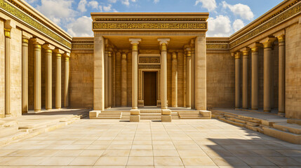 The exterior of Solomon's Temple, constructed from large stones and marble, represents a symbol of power and faith in God. The event from the Bible, Solomon's Temple, signifies divine influence.