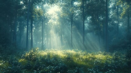 Poster - A forest with sunlight shining through the trees