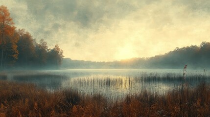 Wall Mural - a lake with a cloudy sky and a sun setting in the background