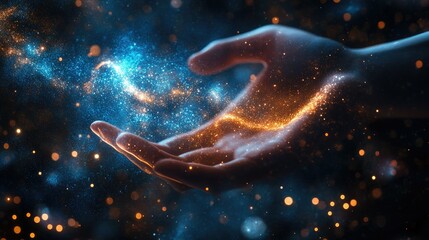 Wall Mural - A glowing digital universe in the metaverse, being touched by a hand, representing the future of virtual worlds and technological transformation.