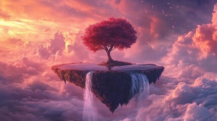 Heart tree growing on a small floating island, with a waterfall cascading off the edge, set against a mystical sky with swirling pink and purple clouds