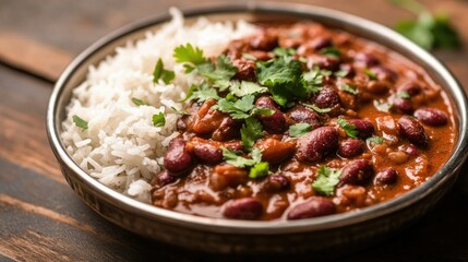 Wall Mural - Hearty bowl of kidney bean curry (rajma) alongside a mound of boiled rice, garnished with fresh cilantro. A staple of North Indian cuisine.