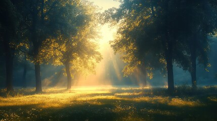 Poster - A forest with trees in the foreground and a field in the background