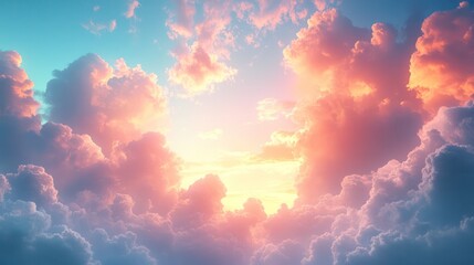 Wall Mural - the sky is filled with fluffy white clouds and a bright orange sun