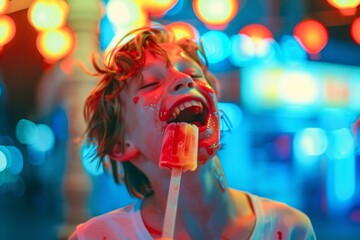 Wall Mural - Ice cream brings a big smile to this child's face.  Candid portrait of cheerful boy vibrant and carefree basking sunlight. Modern take youthful charisma and genuine outdoor happiness.