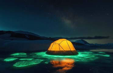 A glowing tent in the middle of an ice floe under a starry sky, illuminated by a yellow light, surrounded by bioluminescent sea creatures