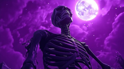 Skeleton in a spooky pose under an eerie moonlit sky on a dark purple background.