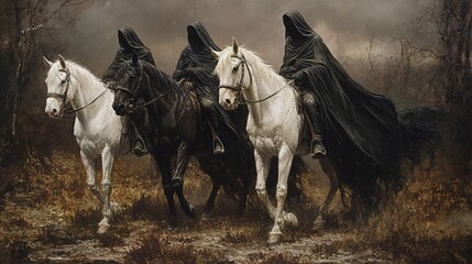 Poster - Four Riders in Cloaks on White and Black Horses