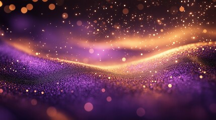 Wall Mural - Soft glowing light trails and golden particles on a solid purple background for New Year.