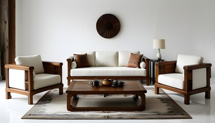 Classic living room furniture arrangement featuring sofa, coffee table, and armchair against a clean white backdrop