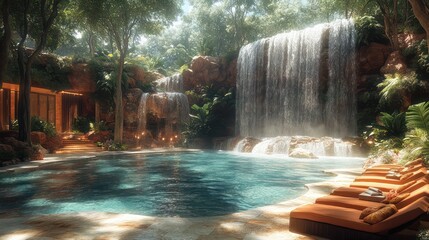 Poster - The pool is surrounded by a lush green forest