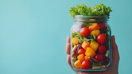 Wall Mural - A hand holding a glass jar filled with colorful vegetables and dietary supplements against a light blue background, illustrating a vibrant healthy lifestyle concept through close-up photography.