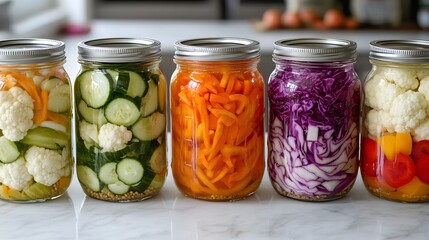 Glass jars filled with vibrant pickled vegetables displayed on a white marble countertop, emphasizing healthy probiotics and diverse textures in food photography with soft natural lighting.