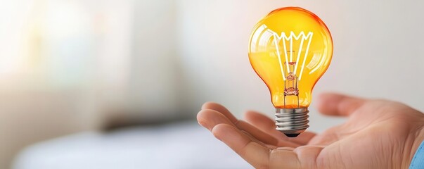 A bright light bulb held in a hand symbolizes creativity, inspiration, and innovative ideas in a modern environment.