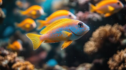 A fish is swimming in a tank with other fish