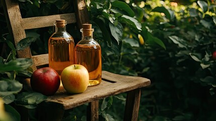 Homemade apple cider vinegar bottles sitting on a wooden chair with ripe apples, surrounded by lush greenery, representing natural, healthy beverage options