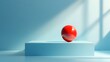 © horizon - A minimalist composition featuring a red sphere on a light blue rectangular platform against a pale blue background, emphasizing sharp geometric shapes and clean aesthetics.