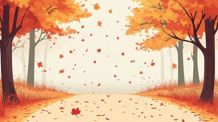 Wall Mural - Autumn forest trail with scattered leaves on a solid light beige background.