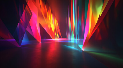 Poster - Floating prisms scatter vibrant beams of light across a dark, futuristic backdrop, casting dynamic rainbow hues from red to blue in sharp, angular patterns.