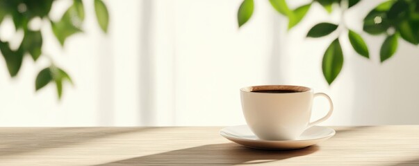 A serene scene featuring a white coffee cup on a wooden table surrounded by lush green leaves, perfect for relaxation and warmth.