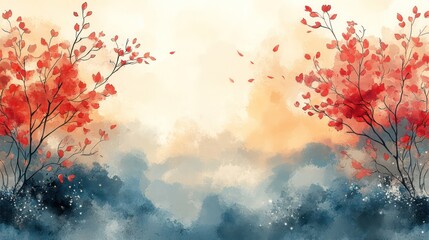 Poster - A painting of two trees with red leaves and a blue sky in the background