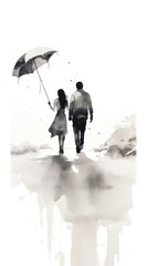 Wall Mural - Walking silhouette umbrella outdoors.