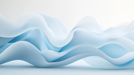 Poster - Fluid, organic 3D waves in a soft pastel blue gradient, rippling gently across a smooth white background with delicate light reflections and subtle shadows for depth.