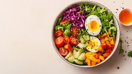 Wall Mural - A vibrant salad bowl filled with fresh vegetables and a boiled egg against a light beige background, showcasing colorful ingredients and promoting healthy eating through food photography.