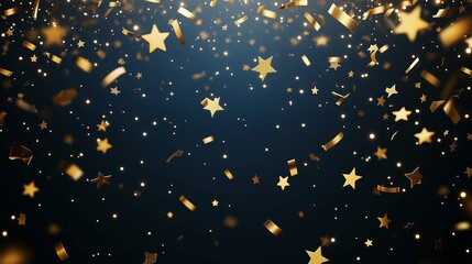 Poster - Golden confetti and stars scattered across a flat navy background with light accents.